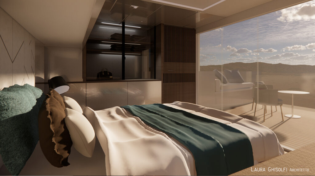 Camera da letto a poppa del catamarano con vista sul mare e ampie porte finestra a tutta altezza. La stanza dispone anche di terrazza privata
